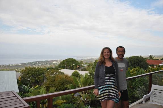 Na varanda do nosso B&B em Kona, na Big Island, no Havaí